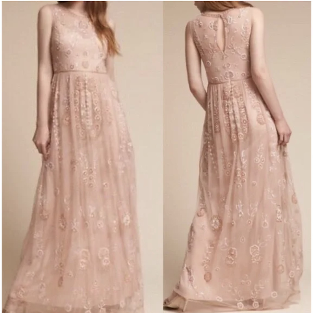 BHLDN Adrianna Papell Abbington Pink Blush Beaded Gown NWT Size 12 - Picture 3 of 16